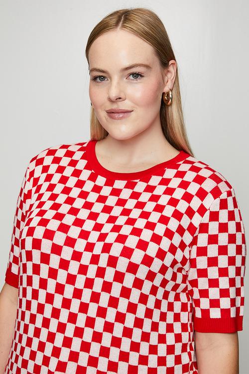 Plus Knitwear Top in Cherry Red Check - Red
