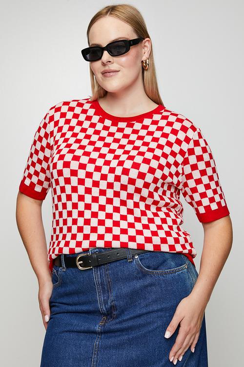 Plus Knitwear Top in Cherry Red Check - Red
