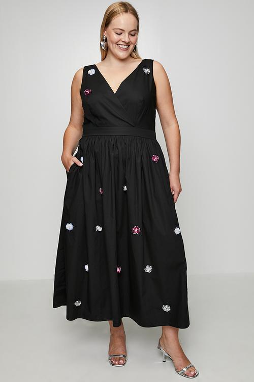 Plus Embellished Flower Circular Wrap Dress - Black