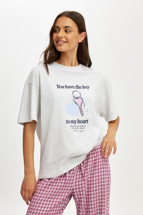 Oversized lounge graphic tee - light grey marle/ key to my heart