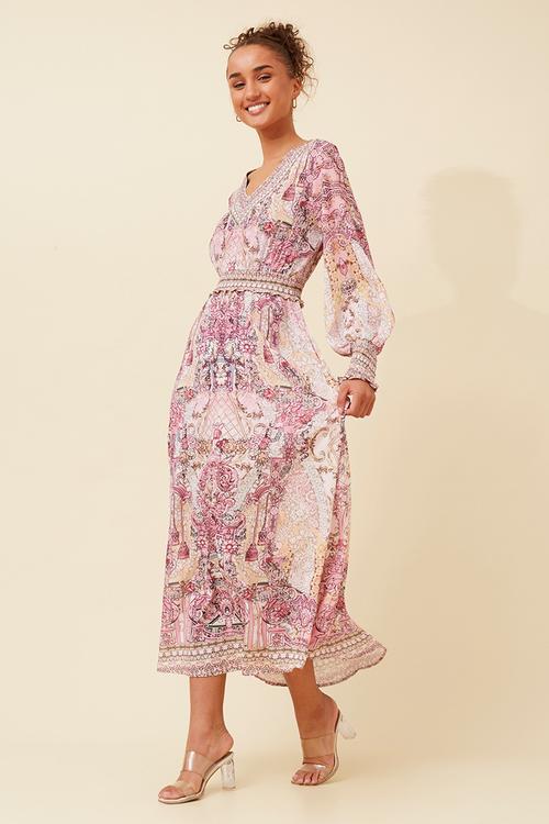 L/S With Elastic V-Neck Maxi Dress Border Print With Embelishment - Multi Pink
