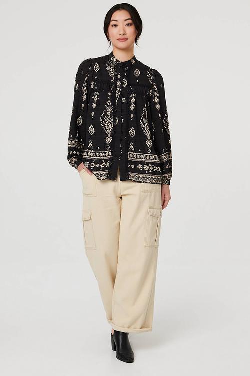L/S Buttton Through Gypsey Blouse With Discharge Print - Black