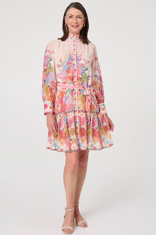 L/S High Neck Sheer Crepe Printed Midi Dress With Belt - Orange