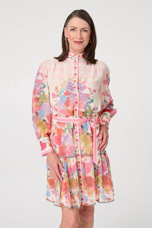 L/S High Neck Sheer Crepe Printed Midi Dress With Belt - Orange