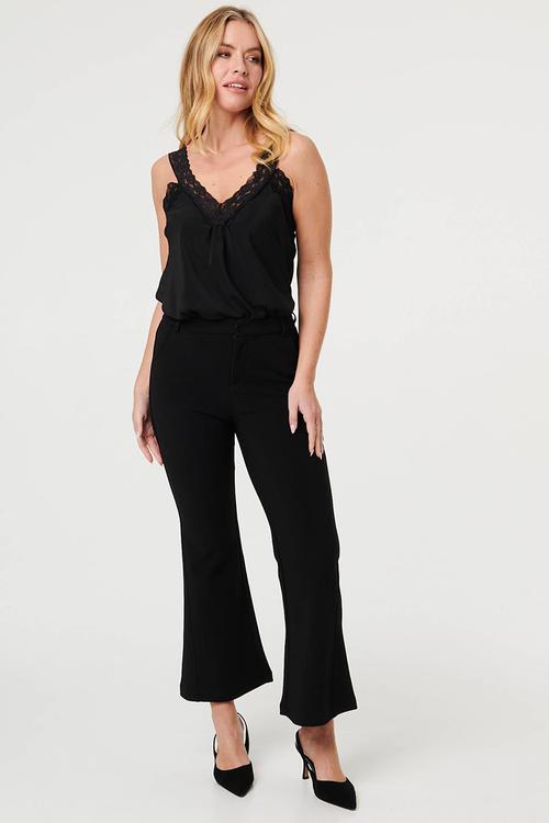 High Waist Pull On Stretch Trouser With Side Seam Twist - Black