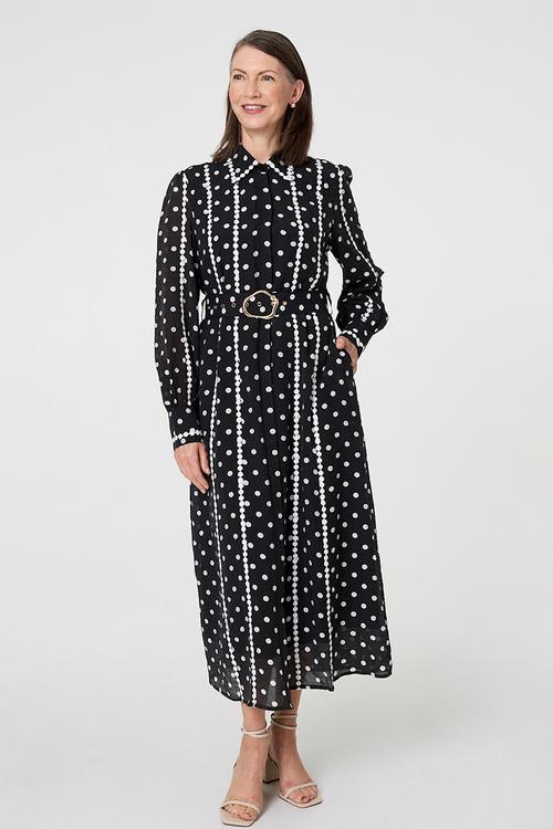 Long Sleeve Button Through Maxi Polka Dot - Multi Black