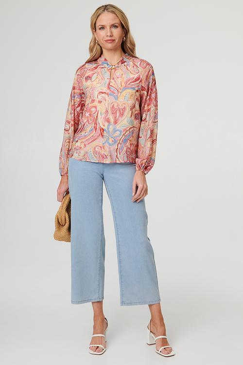 L/S With Gather Key Hole With Gold Trim Neck Detail - Multi Pink