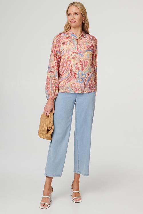 L/S With Gather Key Hole With Gold Trim Neck Detail - Multi Pink