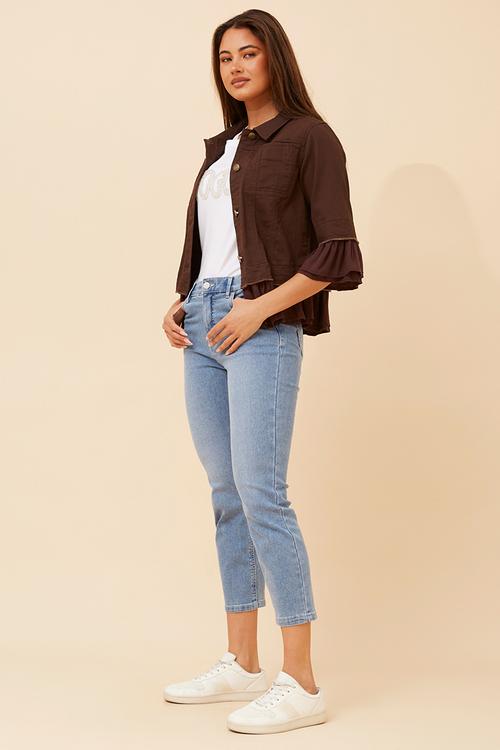 Half Sleeve With Frill Button Through Frill Jacket - Chocolate