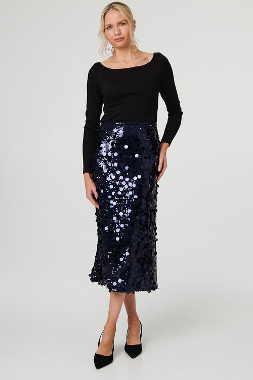 High Waist A-Line Sequin Maxi Skirt - Navy