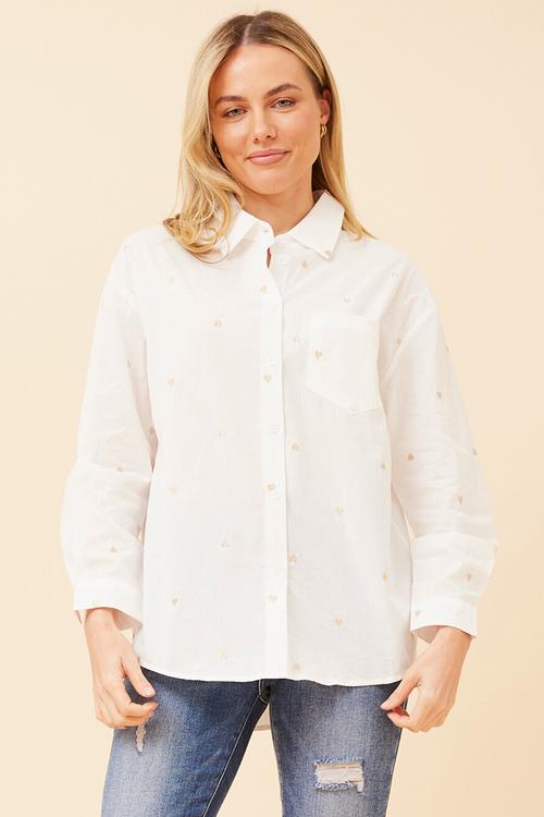 Long Sleeve Boyfriend Shirt With All Over Heart Embroidery - White