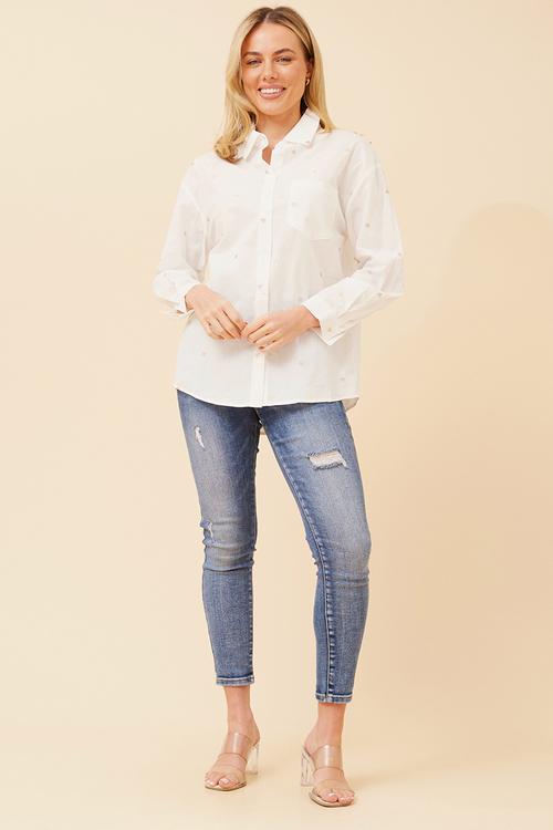 Long Sleeve Boyfriend Shirt With All Over Heart Embroidery - White