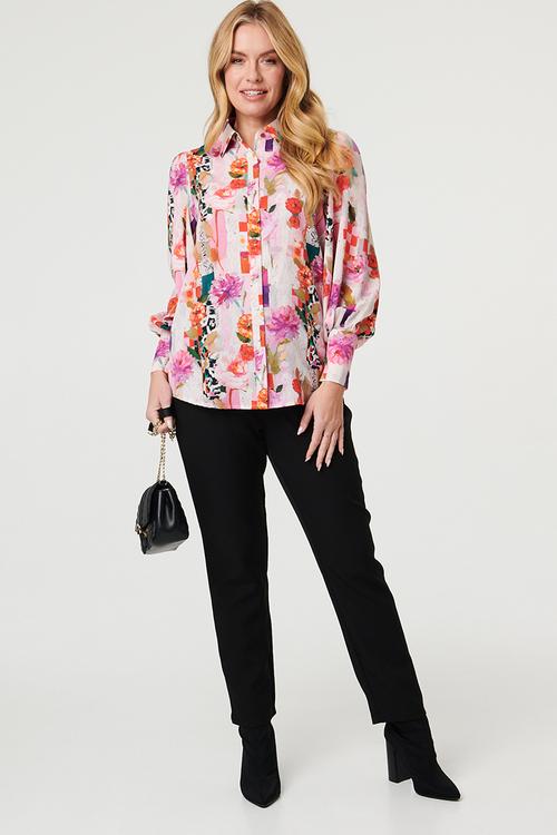 Long Sleeve Printed Blouse - Multi Pink