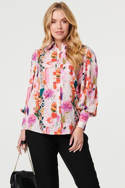 Long Sleeve Printed Blouse - Multi Pink
