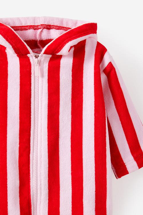 Baby Zip Through Hooded Towel -Tea Party Pink/Varsity Red Bold Stripe