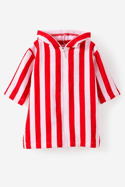 Baby Zip Through Hooded Towel -Tea Party Pink/Varsity Red Bold Stripe