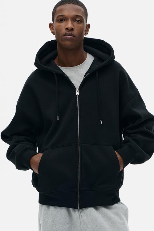 Oversized fit zip-through hoodie - black