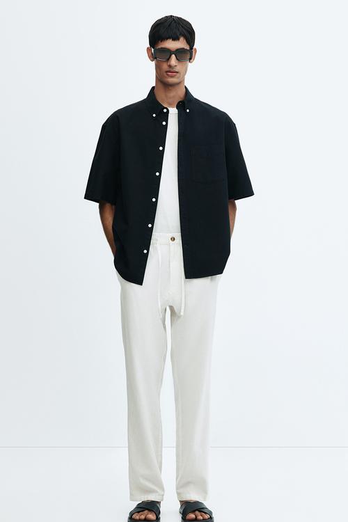 Regular fit linen-blend trousers - white