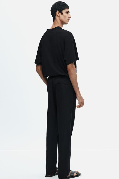 Regular fit linen-blend trousers - black