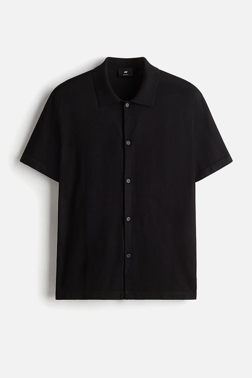 Regular fit knitted short-sleeved shirt - black