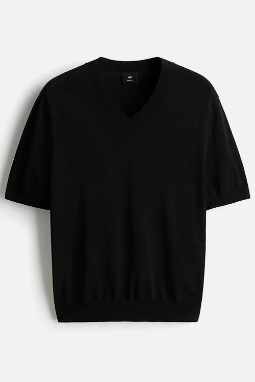 Regular fit fine-knit v-neck T-shirt - black