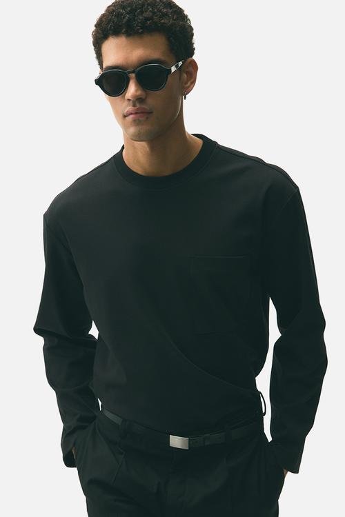 Loose fit long-sleeved jersey top - black