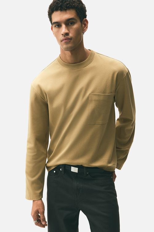 Loose fit long-sleeved jersey top - beige