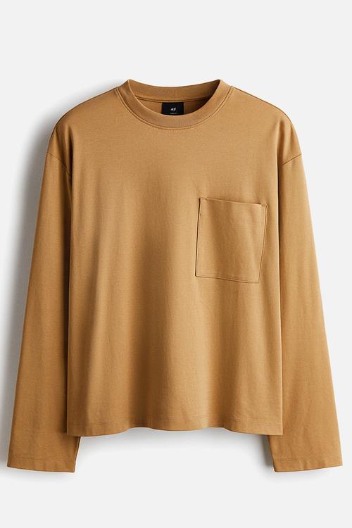Loose fit long-sleeved jersey top - beige