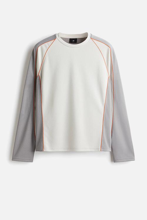 Loose fit long-sleeved mesh top - grey & colour block