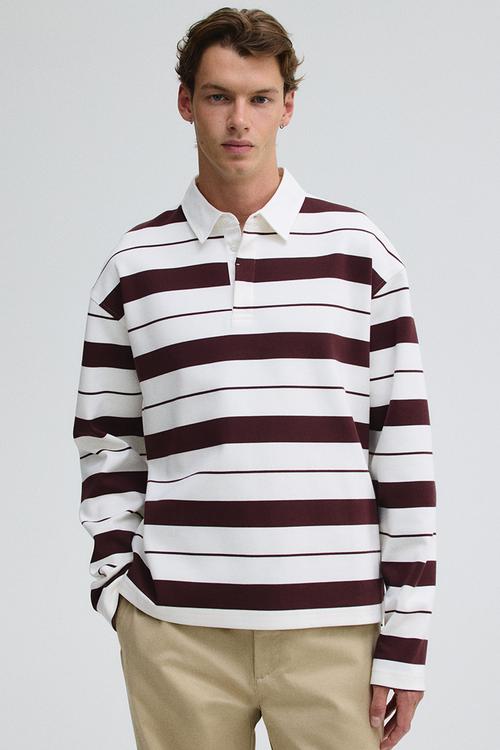 Regular fit cotton rugby shirt - burgundy/striped - 1318712002