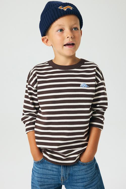 Long-sleeved cotton T-shirt -  brown/white striped 