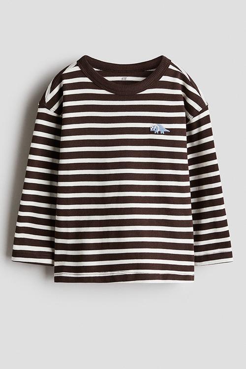 Long-sleeved cotton T-shirt -  brown/white striped 