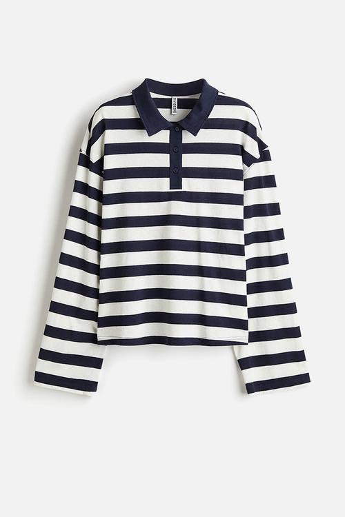 Cotton polo shirt - white & dark blue striped
