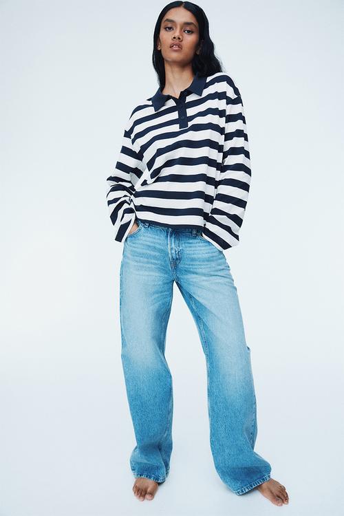 Cotton polo shirt - white & dark blue striped