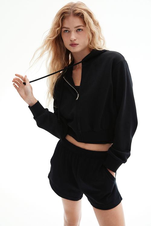 Cropped zip-through hoodie - black