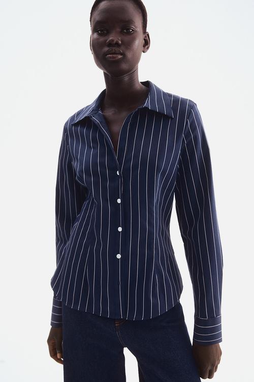 Stretchy cotton shirt - navy blue pinstriped