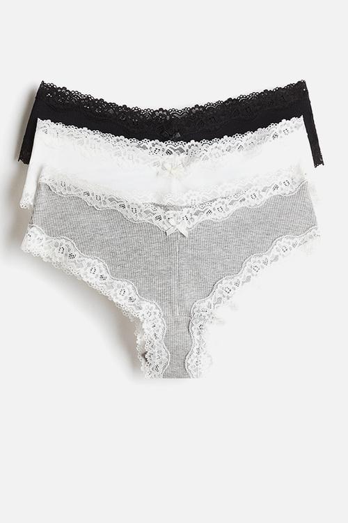 3-Pack cotton and lace hipster briefs - grey