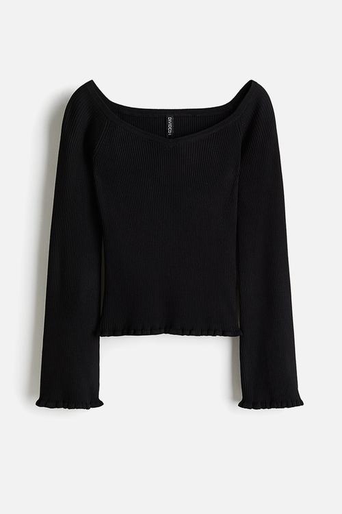 Rib-knit off-the-shoulder top - black