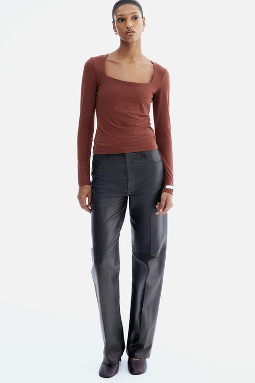 Long-sleeved jersey top - rust brown