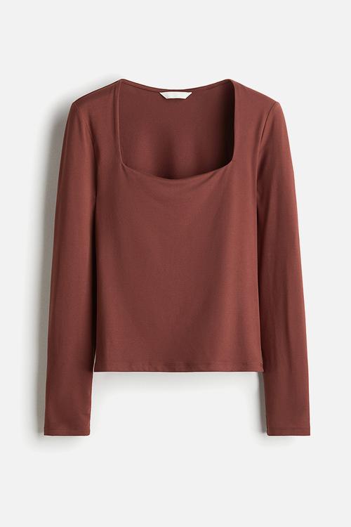 Long-sleeved jersey top - rust brown