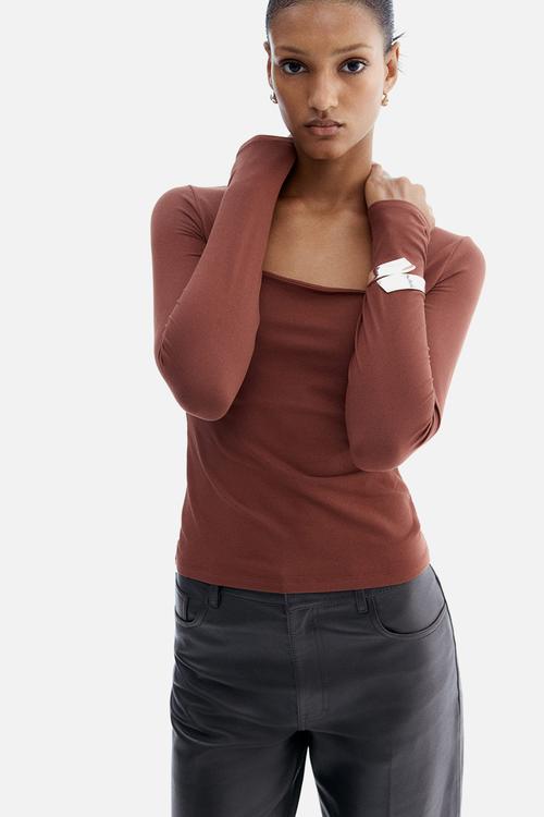 Long-sleeved jersey top - rust brown