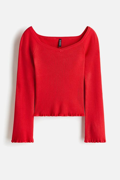 Rib-knit off-the-shoulder top - bright red 