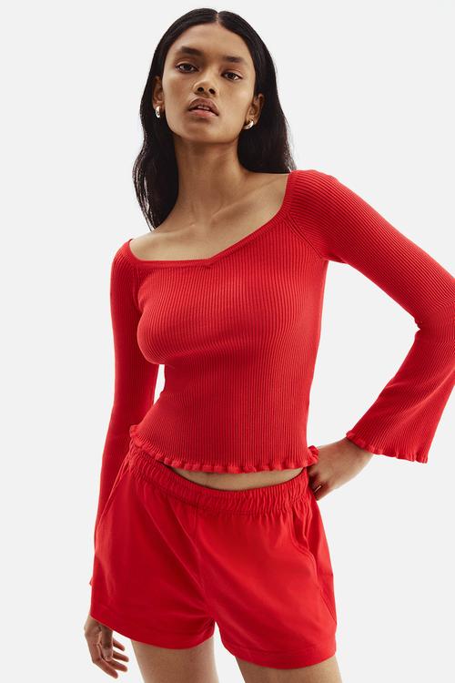 Rib-knit off-the-shoulder top - bright red 