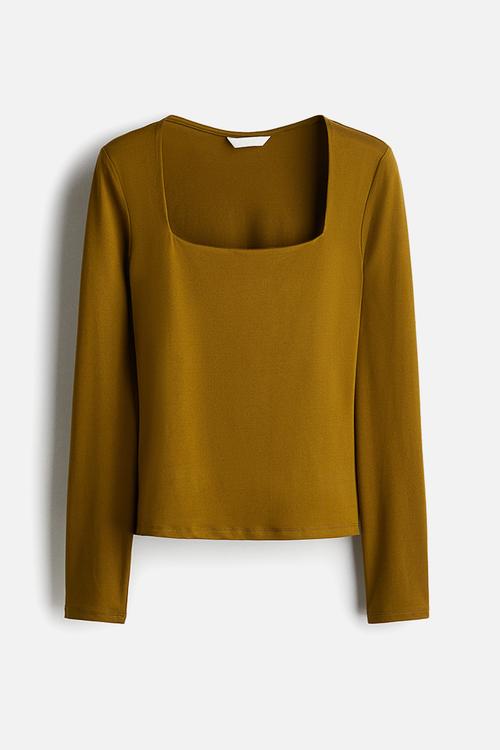 Long-sleeved jersey top - olive green