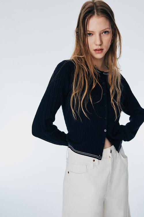Cable-knit cardigan - navy blue
