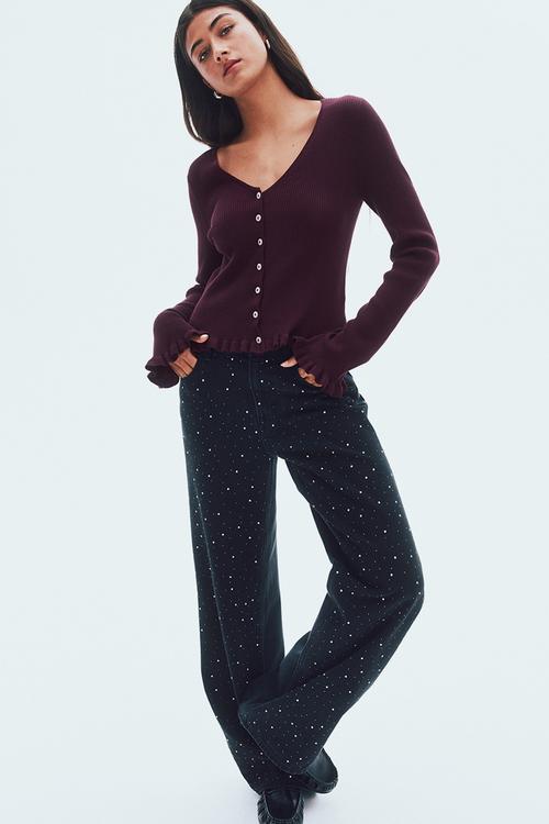 Frill-trimmed cardigan - plum red