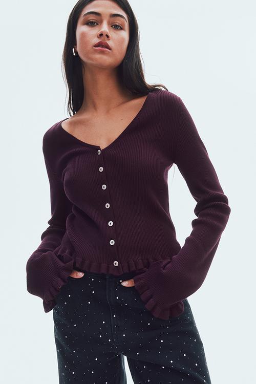 Frill-trimmed cardigan - plum red