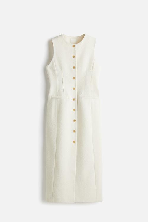 Long button-front bouclé dress - cream