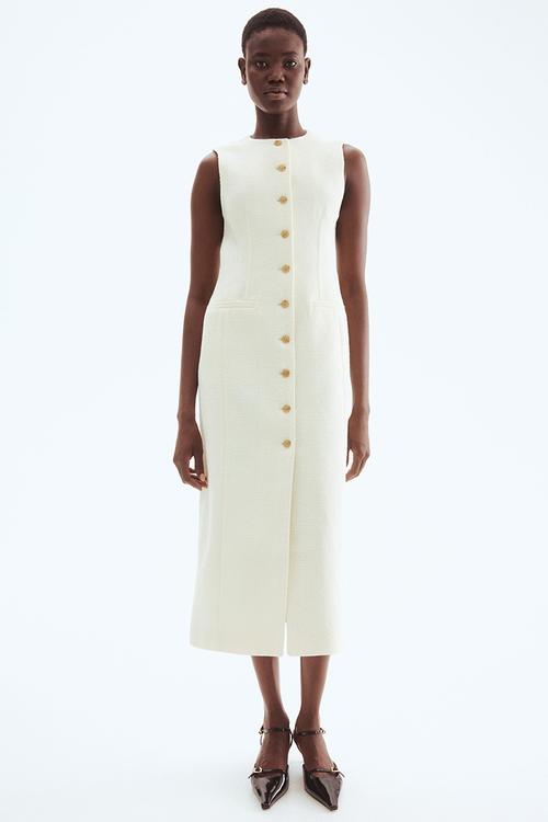 Long button-front bouclé dress - cream
