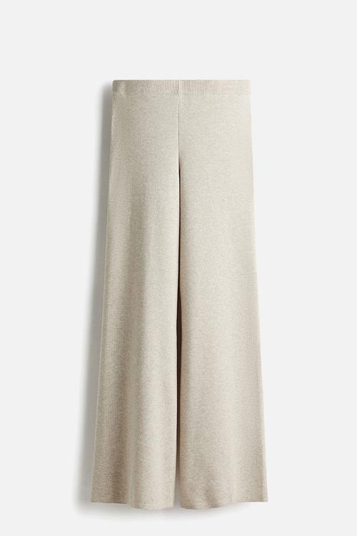 Wide fine-knit trousers - light beige marl